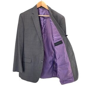 Sean John Mens 44L Blazer Charcoal Indigo Windowpane Purple Lining Suit Jacket